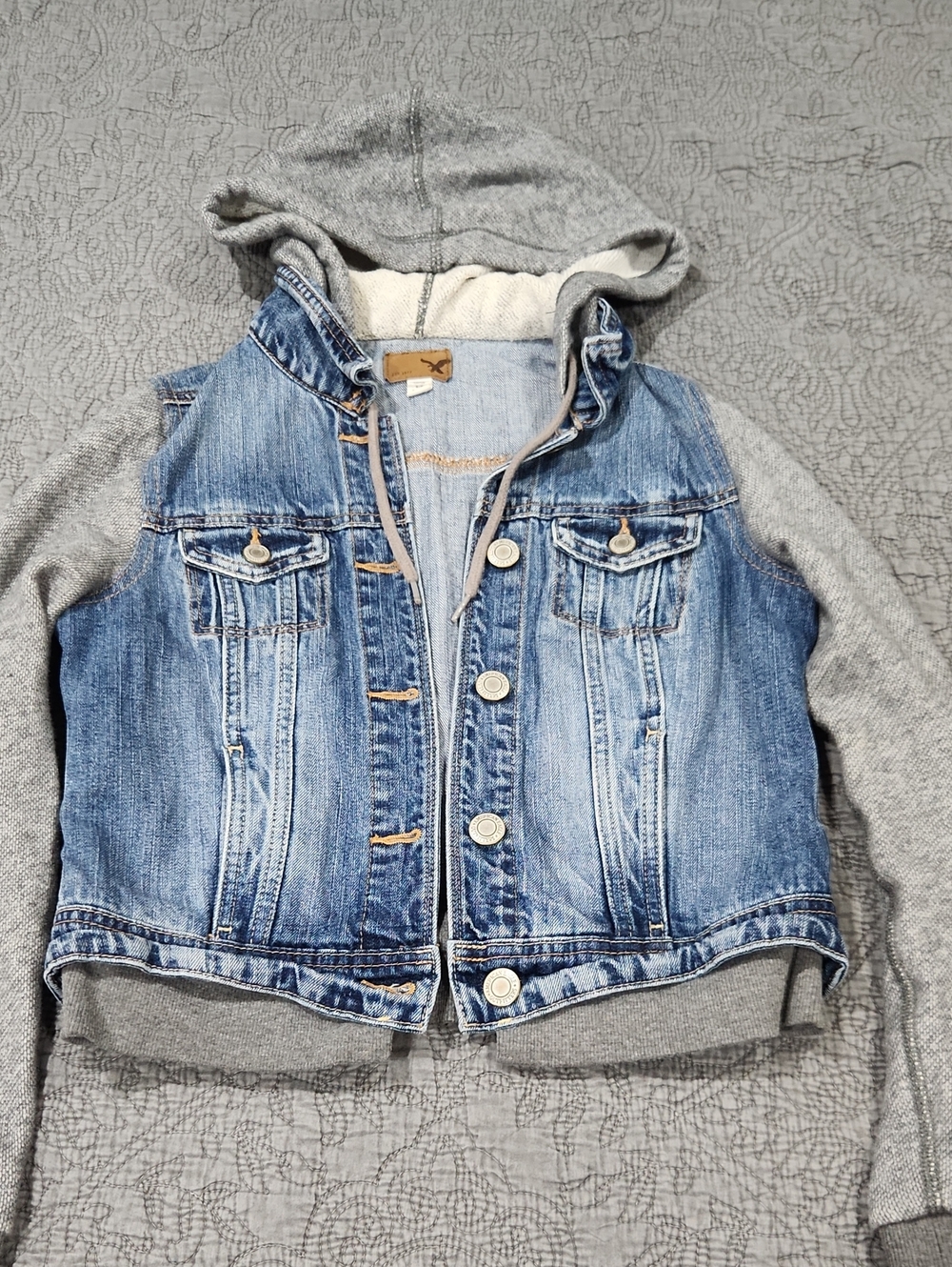 American Eagle Outfitters Blue Denim Jacket with Grey Knit Hood & Sleeves